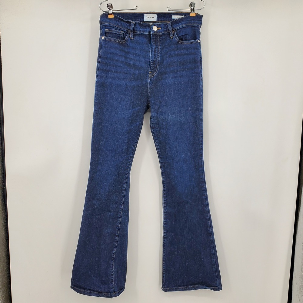 Frame Le High Flare Fawcett Jeans Dark Indigo Blue Size 30 Western Minimalist